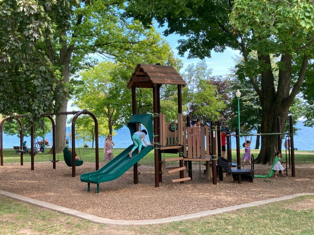 Playground featuring a slide and swings, set in a sunny park with green grass and trees in the background.
