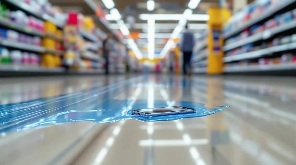 Photorealistic editorial photo of a long grocery store aisle under flat fluorescent light, a wide puddle of spilled blue glass cleaner spreading across the polished floor with cart wheel tracks running through it, a