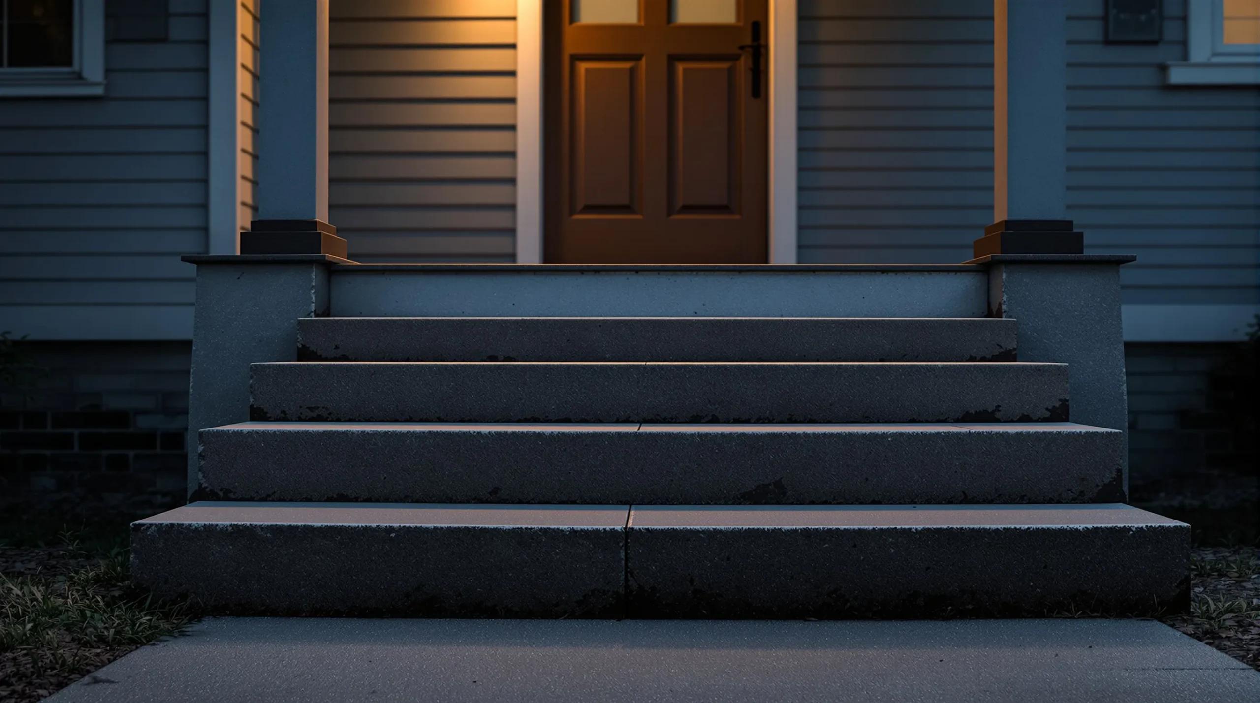 Uneven concrete porch steps lit by a single dim porch light at dusk, with shadows hiding the top step's edge